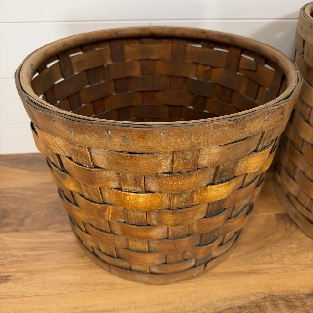 Antique S-XL Nesting Wood Splint Baskets *Flaws* Dark Woven Slats With Tacks - Picture 8 of 16